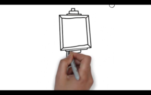 A hand draws a frame on an easel with a black pen.
