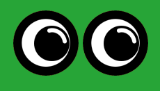 There are a pair of black googly eyes on a green background.