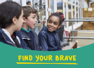 Three children talking with text: "Find your Brave".