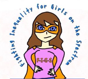 Figs logo. A hand drawn female superhero with eye mask, long brown hair and a cape. Text says: Fighting Inequality fro Girls on the Spectrum