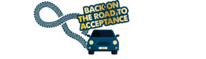 Drawing of a blue car with gold text above it. Test says: @Back on the road to acceptance