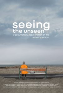 Poster for documentary Seeing the Unseen featuring the back of a woman in yellow sitting on a bench with a cloud sky