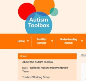 Screenshot of autism toolkit website with Autism Toolbox logo of brightly coloured circles