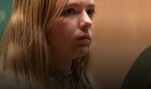 Still from Eighth Grade: Close up of teenage girl with worried expression