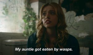 Still for Netflix's Sex Education of a person with a worried face and caption which says: My auntie got eaten by wasps. Image is from No Context twitter.