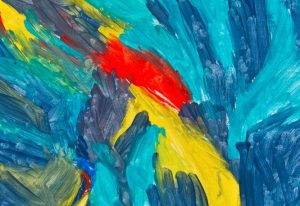 Abstract paint style art on primary colours red, blue and yellow