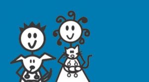 Animation by Girl With the Curly hair project of a boy with a dog and a girl with a cat. The people are white with black lines on a sky blue background.