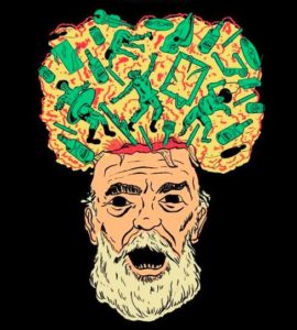 graphic illustration of an older man with a white beard with his mouth open and a yellow clous coming from the top of his head with green figures and bottles. It is on a black background