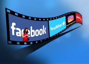 Graphic of Film reel with social media logos including Facebbok, Twitter and Instagram