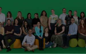 Two rows of people against a green background