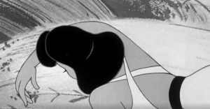 Black and white animated still of a woman lying down on a bed