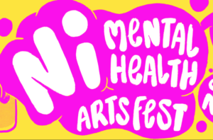 Logo for NI Mental Health Arts Fest. White text on bright pink bubble on bright yellow background