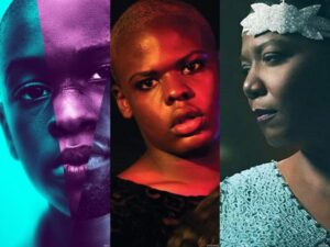 Montage of stills from three Queer Black films: Moonlight, Kiki and Bessie.