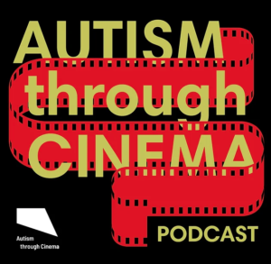 Screenshot of logo from Autism through cinema podcast. Gold text on a black background with red film snaking through it.