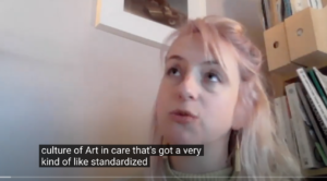 Screenshot from YouTube video of conversation with Stephanie Tyrell from Sense. A white woman with long blonde hair talks to the camera. A caption says: "culture of art in care that's got a very like standardized.."