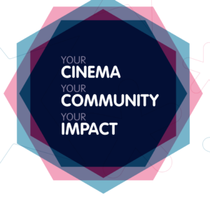 Screenshot of logo from toolkit. A dark blue hexagon placed over a number of pink and blue hexagons on a white background. Text in the centre says: "Cinema Community Impact".