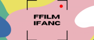 Logo. "Ffilm Infanc" in bold black capital letters on a swirly pink, yellow, white, green and blue background.