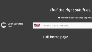 Screenshot of a clipping from the Open Subtitles website. A search bar with text above "Find the right subtitles." On the right is the Open Subtitles logo.
