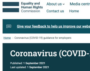 Screenshots of The Equality and Human Rights Commision webpage: Coronavirus (COVID-19) guidance for employers
