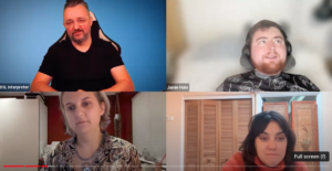 screenshot of a zoom panel conversation with Kyla Harris, Ella Glendining, Jamie Hale and a BSL interpretor in separate panels.