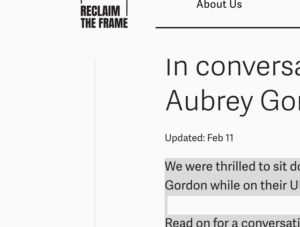 Screenshot of a clipping from Reclaim The Frame webpage: In conversation with Jeanie Finlay and Aubrey Gordon.