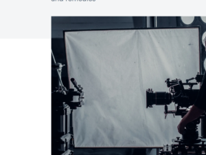 Clipping of a webpage on the Film + TV charity website with part of a black and white photo of a film camera in a studio.